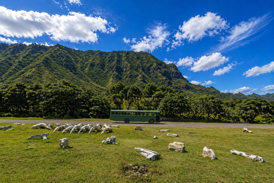 Hollywood Movie Sites Tour bus passing iconic filming locations with dinosaur bone props at Kualoa Ranch during a guided tour with our agency