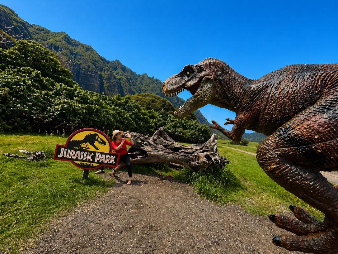 Jurassic Park filming location at Kualoa Ranch with T-Rex model and visitor posing during a guided tour with our Kualoa Ranch Tours agency