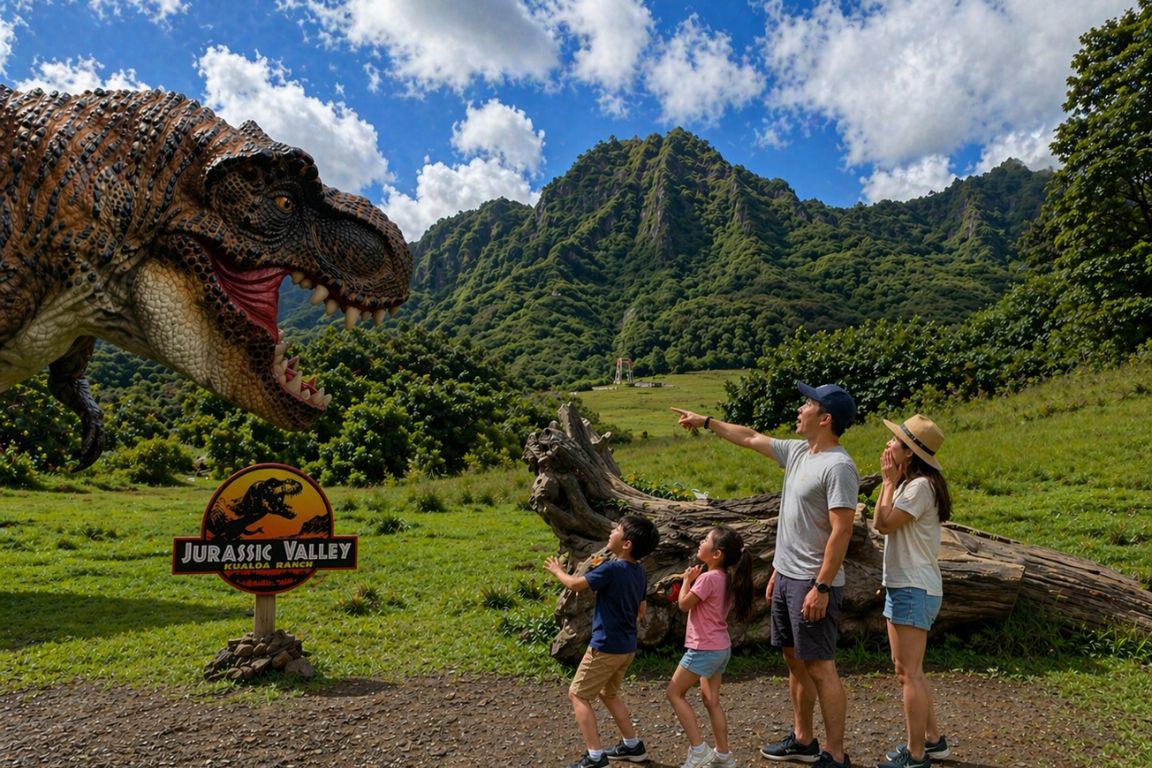 Family enjoying Jurassic Valley movie site with dinosaur exhibit and tropical mountains during a Kualoa Ranch tour with our agency