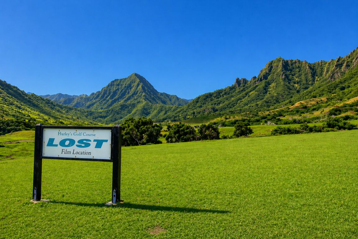Kaaawa Valley with LOST filming location sign and lush green mountains during a guided tour with our Kualoa Ranch Tours agency