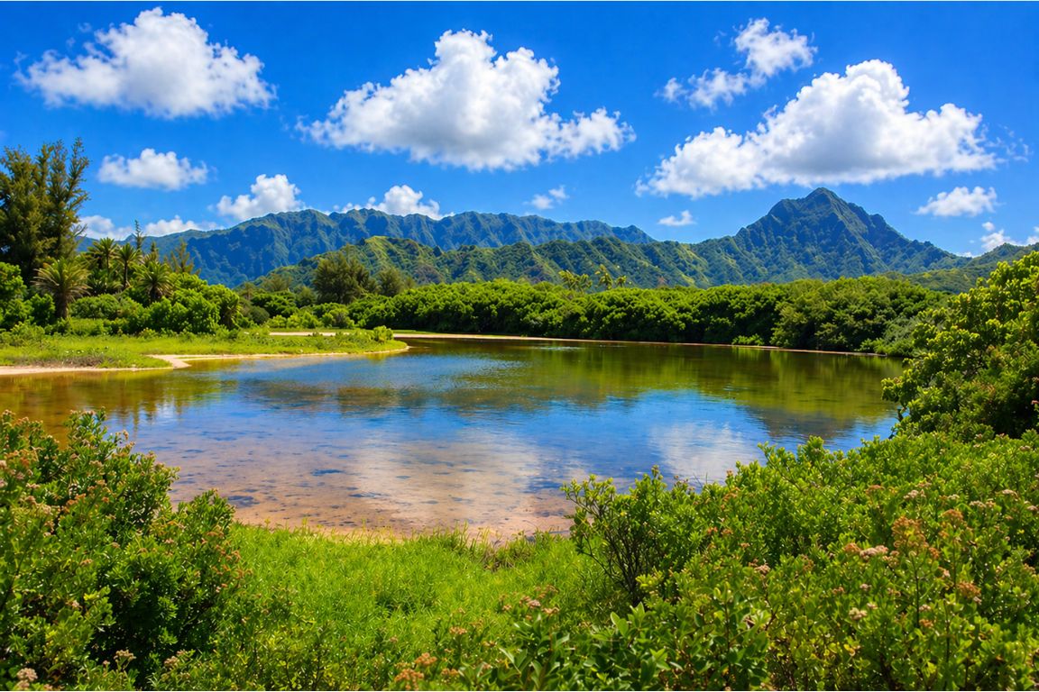 Scenic view of Moliʻi Fishpond surrounded by lush greenery and mountains experienced on a Kualoa Ranch tour with our agency