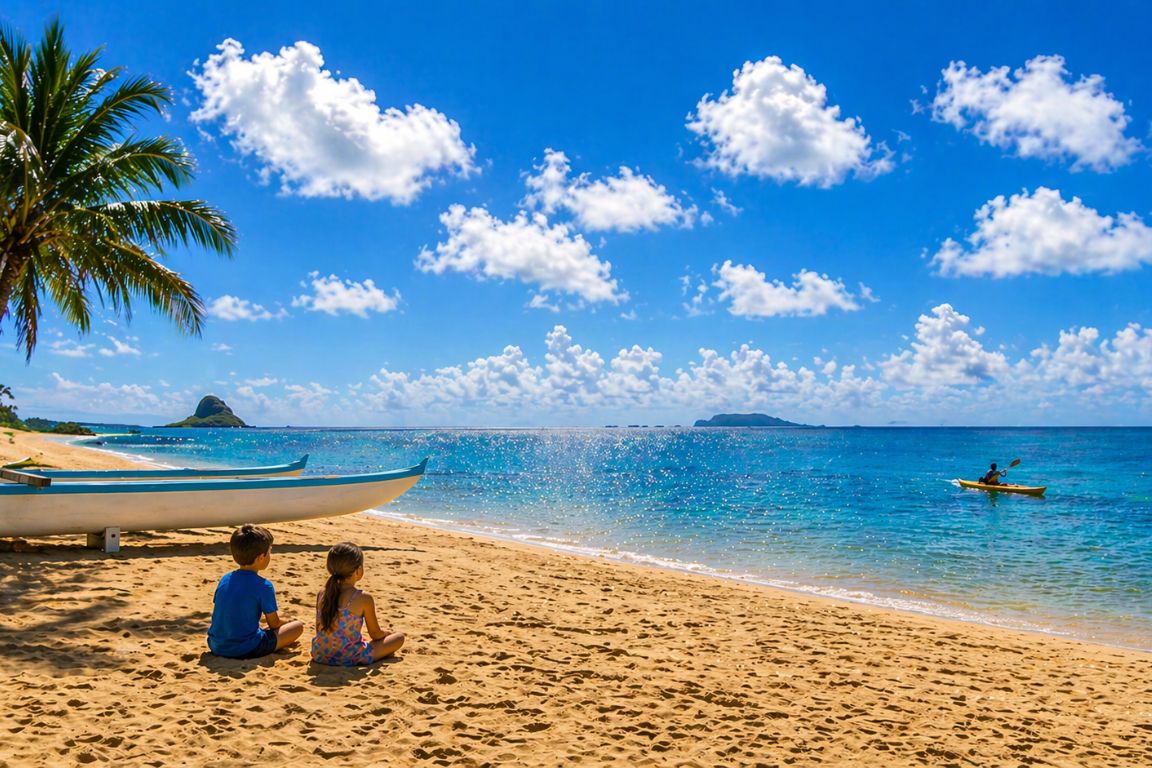 Beautiful Secret Island Beach with golden sand, palm trees, and calm waters experienced during a Kualoa Ranch tour with our agency